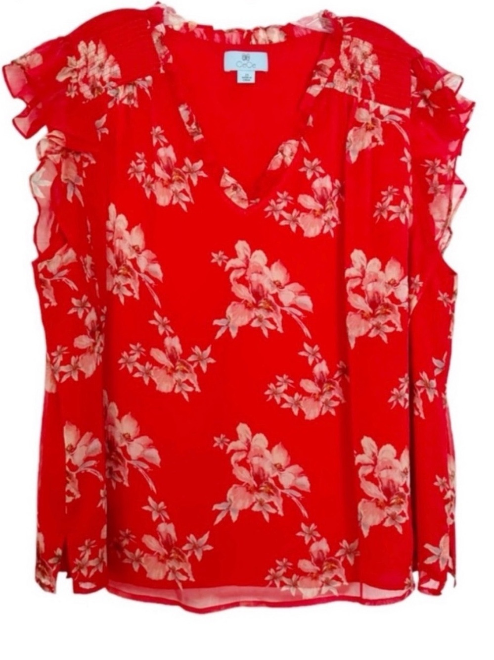 CeCe Chiffon Smocked Cap Sleeve V-Neck Red Floral Print Flutter Blouse Size 2X
